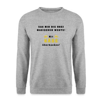 Mit Käse überbacken - 3 magische Worte - Unisex Pullover - Weißgrau meliert - Vorne - Alina (178cm) & Michal (187cm)