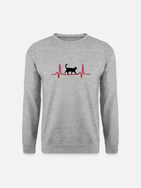 Herzschlag und Katze - Unisex Pullover - Weißgrau meliert