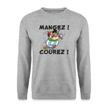 Obelix - Essen! Laufen! - Unisex Pullover - Weißgrau meliert - Vorne - Alina (178cm) & Michal (187cm)