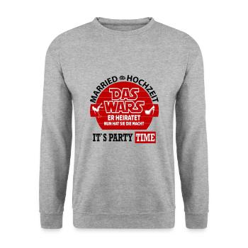 Hochzeit Married Das wars Sie hat die Macht Party - Unisex Pullover - Weißgrau meliert - Vorne - Alina (178cm) & Michal (187cm)