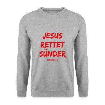 Jesus Christus rettet Sünder Bibelvers - Unisex Pullover - Weißgrau meliert - Vorne - Alina (178cm) & Michal (187cm)
