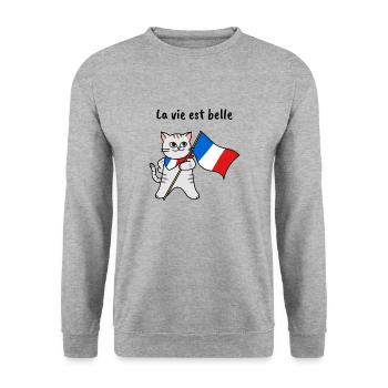 Frankreich katze Geschenk lustig urlaub - Unisex Pullover - Weißgrau meliert - Vorne - Alina (178cm) & Michal (187cm)