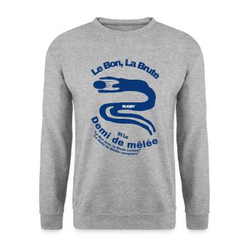 "Le Bon, La Brute, et Le Rugby: Demi de Mêlée - Sweat-shirt Unisexe - gris chiné - Devant - Alina (178cm) & Michal (187cm)