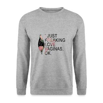 I JUST FREAKING LOVE VAGINAS OK LESBISCH Gay - Unisex Pullover - Weißgrau meliert - Vorne - Alina (178cm) & Michal (187cm)