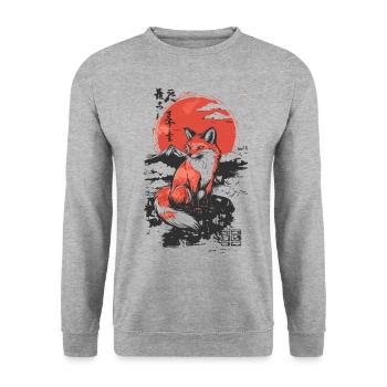 Fuchs Kitsune japanischer Stil - Unisex Pullover - Weißgrau meliert - Vorne - Alina (178cm) & Michal (187cm)