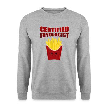 Certified Fryologist | Pommes Frittes Geschenkidee - Unisex Pullover - Weißgrau meliert - Vorne - Alina (178cm) & Michal (187cm)