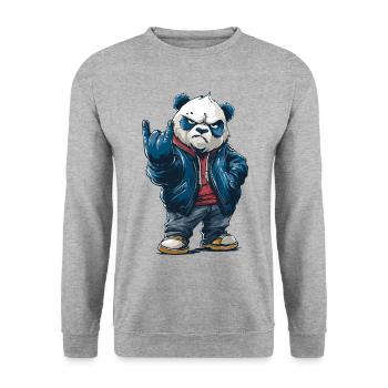 Rockiger Panda mit "Rock On"-Pose - Unisex Pullover - Weißgrau meliert - Vorne - Alina (178cm) & Michal (187cm)