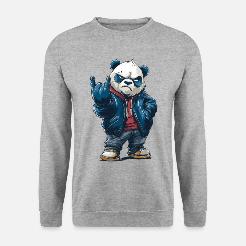 Rockiger Panda mit "Rock On"-Pose - Unisex Pullover - Weißgrau meliert