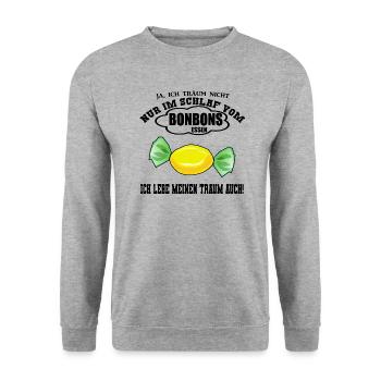 Süßigkeiten Bonbons essen Spruch Geschenkidee - Unisex Pullover - Weißgrau meliert - Vorne - Alina (178cm) & Michal (187cm)