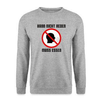 Kann nicht reden, muss essen. Schwarz - Unisex Pullover - Weißgrau meliert - Vorne - Alina (178cm) & Michal (187cm)