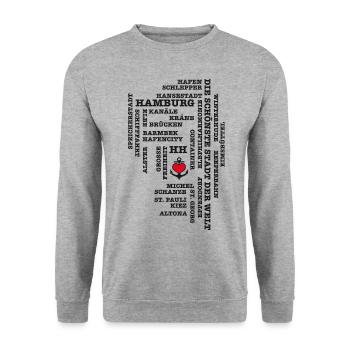 Hamburg Begriffe / Herz auf Anker / Text schwarz - Unisex Pullover - Weißgrau meliert - Vorne - Alina (178cm) & Michal (187cm)