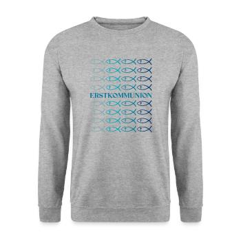 Erstkommunion Fisch Kommunionsoutfit Kommunion - Unisex Pullover - Weißgrau meliert - Vorne - Alina (178cm) & Michal (187cm)