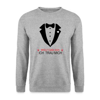 Bräutigam 2025 ICH TRAU MICH Hochzeit Heirat Ehe - Unisex Pullover - Weißgrau meliert - Vorne - Alina (178cm) & Michal (187cm)