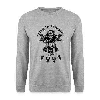 33. Geburtstag Going full throttle since 08/1991 - Unisex Pullover - Weißgrau meliert - Vorne - Alina (178cm) & Michal (187cm)