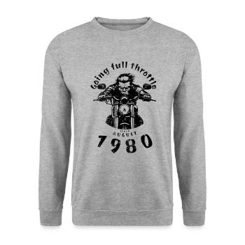 44. Geburtstag Going full throttle since 08/1980 - Unisex Pullover - Weißgrau meliert - Vorne - Alina (178cm) & Michal (187cm)