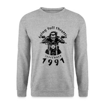 33. Geburtstag Going full throttle since 09/1991 - Unisex Pullover - Weißgrau meliert - Vorne - Alina (178cm) & Michal (187cm)