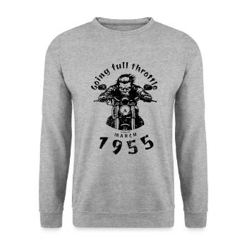 70. Geburtstag Going full throttle since 03/1955 - Unisex Pullover - Weißgrau meliert - Vorne - Alina (178cm) & Michal (187cm)