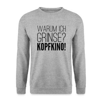 Warum ich grinse? KOPFKINO! - Unisex Pullover - Weißgrau meliert - Vorne - Alina (178cm) & Michal (187cm)