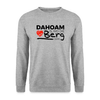 Dahoam, wo Berg san | Bayerisch Berge Geschenkidee - Unisex Pullover - Weißgrau meliert - Vorne - Alina (178cm) & Michal (187cm)