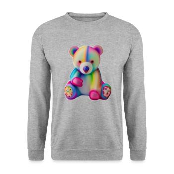 Mehrfarbiger Teddybär - Unisex Pullover - Weißgrau meliert - Vorne - Alina (178cm) & Michal (187cm)