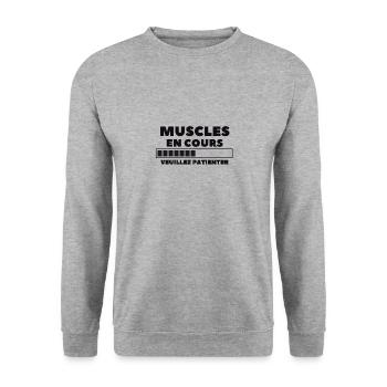 tee-shirt muscles en cours, veuillez patienter - Sweat-shirt Unisexe - gris chiné - Devant - Alina (178cm) & Michal (187cm)