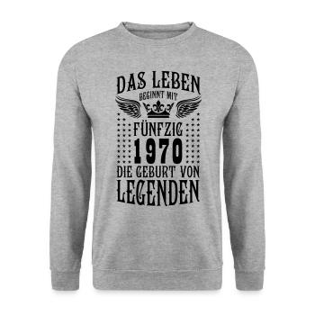 Das Leben beginnt mit 50 Geburt von Legenden 1970 - Unisex Pullover - Weißgrau meliert - Vorne - Alina (178cm) & Michal (187cm)