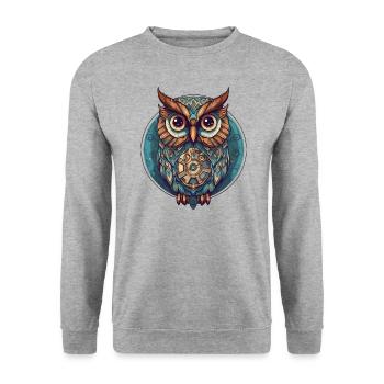 hibou avec cercle turquoise, doux; Style dessin animé, Boho - Sweat-shirt Unisexe - gris chiné - Devant - Alina (178cm) & Michal (187cm)