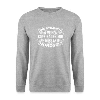 Ich muss an die Nordsee - Unisex Pullover - Weißgrau meliert - Vorne - Alina (178cm) & Michal (187cm)