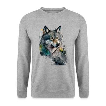 Wolf Wasserfarben Kunst Malerei Aquarell - Unisex Pullover - Weißgrau meliert - Vorne - Alina (178cm) & Michal (187cm)