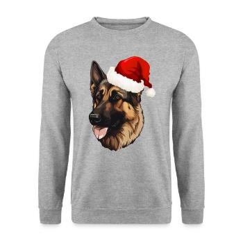 Deutscher Schäferhund mit Weihnachtsmannmütze - Unisex Pullover - Weißgrau meliert - Vorne - Alina (178cm) & Michal (187cm)