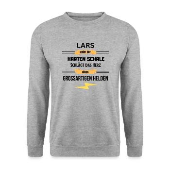 Lars unter harte Schale eines Großartigen Helden - Unisex Pullover - Weißgrau meliert - Vorne - Alina (178cm) & Michal (187cm)