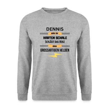 Dennis unter harte Schale eines Großartigen Helden - Unisex Pullover - Weißgrau meliert - Vorne - Alina (178cm) & Michal (187cm)