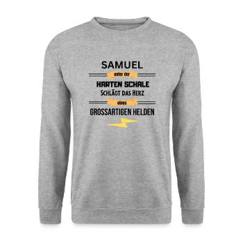 Samuel unter harte Schale eines Großartigen Helden - Unisex Pullover - Weißgrau meliert - Vorne - Alina (178cm) & Michal (187cm)