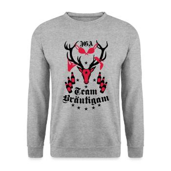 173 Hirsch JGA Team Bräutigam Bier Freunde - Unisex Pullover - Weißgrau meliert - Vorne - Alina (178cm) & Michal (187cm)