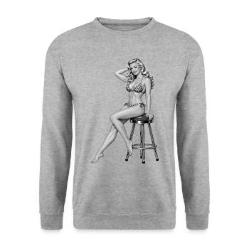 Klassisches Pin-up: Blonde Retro-Schönheit - Unisex Pullover - Weißgrau meliert - Vorne - Alina (178cm) & Michal (187cm)