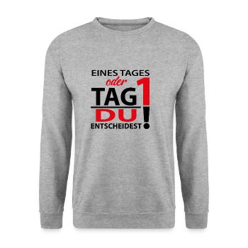 Eines Tages oder Tag 1 - Du entscheidest! - Unisex Pullover - Weißgrau meliert - Vorne - Alina (178cm) & Michal (187cm)