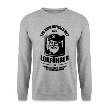 Leg Dich niemals mit einem Lokführer an - Unisex Pullover - Weißgrau meliert - Vorne - Alina (178cm) & Michal (187cm)