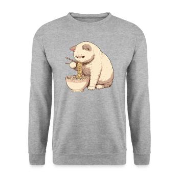 Katze isst Ramen Nudeln - Unisex Pullover - Weißgrau meliert - Vorne - Alina (178cm) & Michal (187cm)