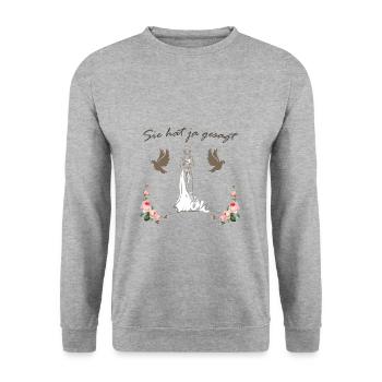 Braut Junggesellinnenabschied Hochzeit - Unisex Pullover - Weißgrau meliert - Vorne - Alina (178cm) & Michal (187cm)