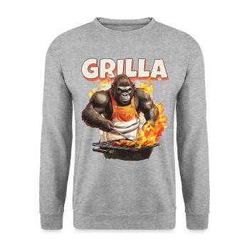 Grillen Grilla Griller Gorilla BBQ Spruch Lustig - Unisex Pullover - Weißgrau meliert - Vorne - Alina (178cm) & Michal (187cm)