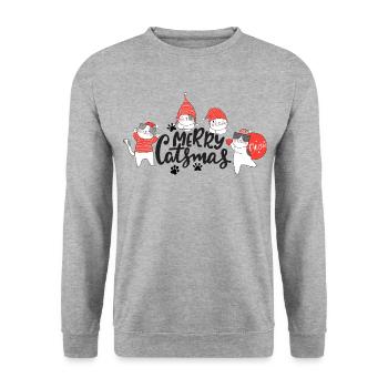 Lustige Weihnachtskatzen - Unisex Pullover - Weißgrau meliert - Vorne - Alina (178cm) & Michal (187cm)