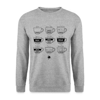 0221 Kaffee | Übersicht | Kaffeegenuss - Unisex Pullover - Weißgrau meliert - Vorne - Alina (178cm) & Michal (187cm)