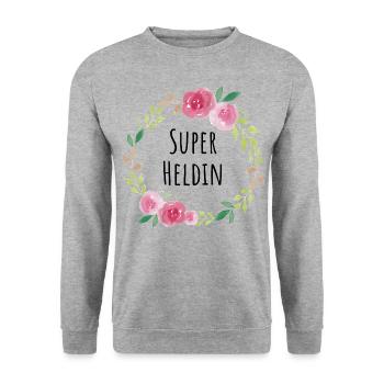 Super Heldin Feministin Muttertag Geschenk Blumen - Unisex Pullover - Weißgrau meliert - Vorne - Alina (178cm) & Michal (187cm)