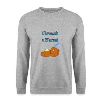 I brauch a natzal - Bayrischer Spruch - Unisex Pullover - Weißgrau meliert - Vorne - Alina (178cm) & Michal (187cm)