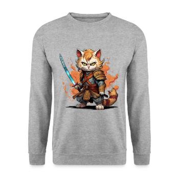 Samurai Katze - Anime Kriegerkatze - Unisex Pullover - Weißgrau meliert - Vorne - Alina (178cm) & Michal (187cm)