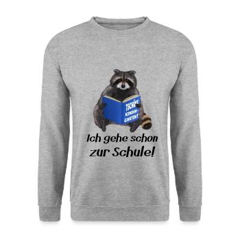 Leseratte Waschbär - Ich gehe schon zur Schule - Unisex Pullover - Weißgrau meliert - Vorne - Alina (178cm) & Michal (187cm)
