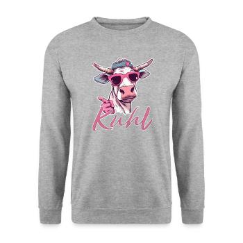 kuhl - coole Kuh in Pink - Vintage Style - Unisex Pullover - Weißgrau meliert - Vorne - Alina (178cm) & Michal (187cm)