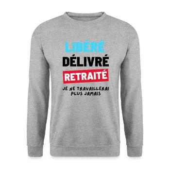 Freigegeben, ausgeliefert, ausgemustert. Humor Ruhestandsgeschenk - Unisex Pullover - Weißgrau meliert - Vorne - Alina (178cm) & Michal (187cm)