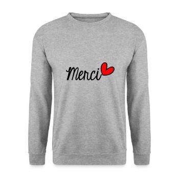 MERCI. THANKS. THANK YOU. ANNIVERSAIRE. NAISSANCE. - Sweat-shirt Unisexe - gris chiné - Devant - Alina (178cm) & Michal (187cm)