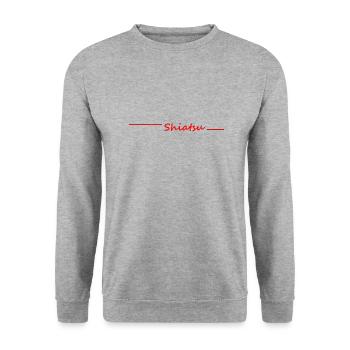Shiatsu-Shirt weiss mit rotem Logo - Unisex Pullover - Weißgrau meliert - Vorne - Alina (178cm) & Michal (187cm)